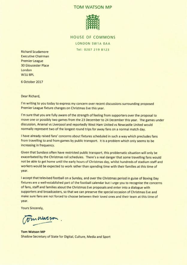 Letter from Tom Watson to Richard Scudamore