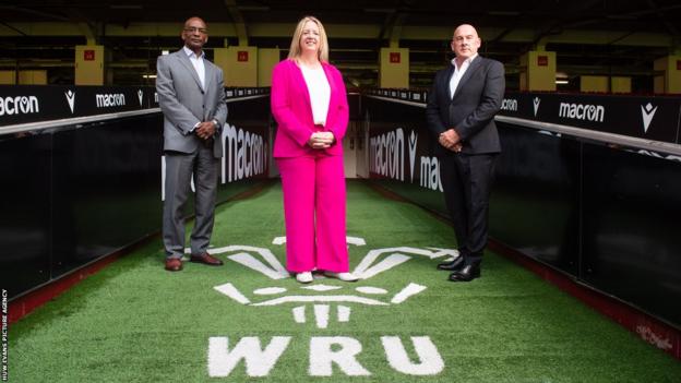 The new-look Welsh leadership team of chief executive Abi Tierney (centre), executive director of rugby Nigel Walker (left) and chair Richard Collier-Keywood (right) at the Principality Stadium