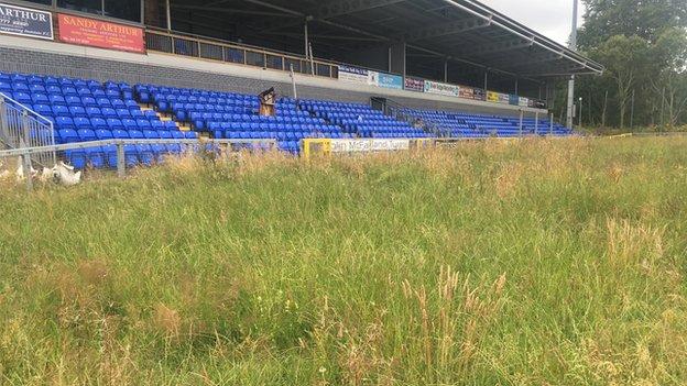 A scene of dereliction as long weeds grow in front of the main stand at the Riverside Stadium
