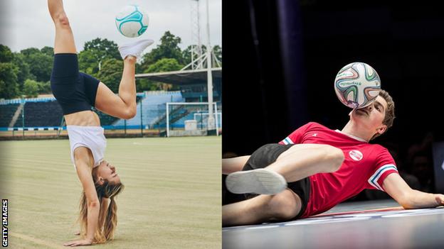 Football freestylers Lia Lewis of GB and Erlend Fagerli of Norway