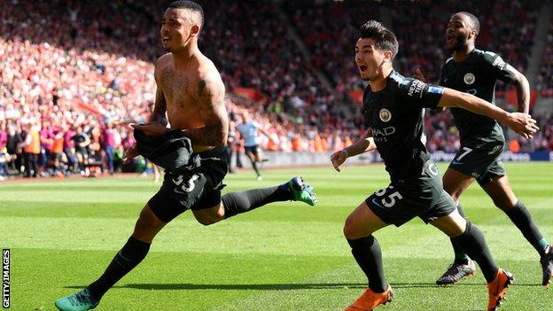 Manchester City players celebrate after Gabriel Jesus scored against Southampton