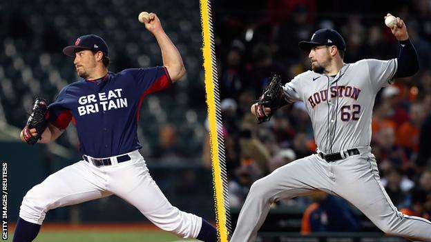 Blake Taylor pitching for Great Britain in 2016, and for the Houston Astros in 2021