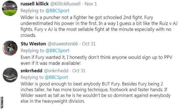 Boxing fans on Twitter dismiss the idea of Deontay Wilder fighting Tyson Fury again. One fan says 