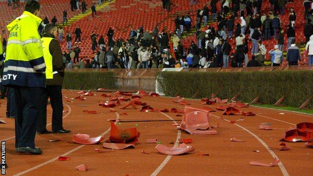 Broken seats during a match in February 2007