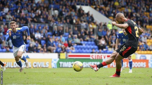 Kemar Roofe scores from the penalty spot for Rangers against St Johnstone