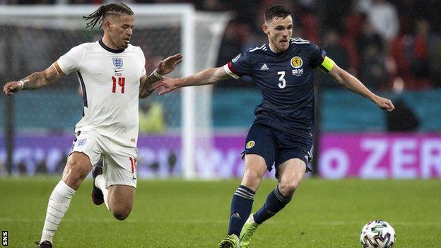 Scotland's Andrew Robertson (right) and England's Kalvin Phillips at Euro 2020