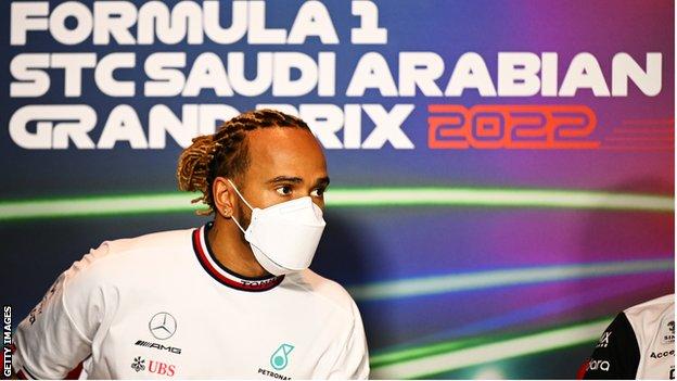 Lewis Hamilton talks at the drivers press conference before the start of the Saudi Arabia Grand Prix