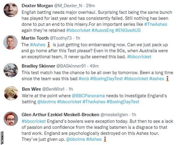 England fans on Twitter react to the third Test performance. “Getting too embarrassing now,” says one fan while another says: “They’ve just given up”