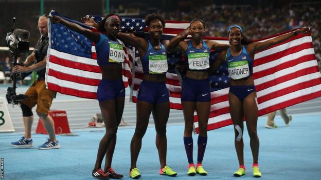 Tori Bowie, Tianna Bartoletta, Allyson Felix and English Gardner observe  their 4x100m relay golden  astatine  the Rio 2016 Olympics