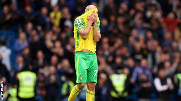 Teemu Pukki burying his head in his shirt after Norwich's defeat at Chelsea