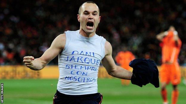 Andres Iniesta celebrates after scoring the winning goal at the 2010 World Cup final.