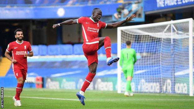 Sadio Mane celebrates scoring for Liverpool against Chelsea