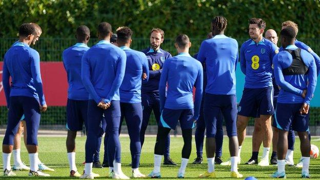 England manager Gareth Southgate with his squad during training