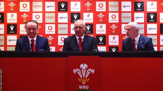 Steve Phillips and Ieuan Evans at the unveiling of Warren Gatland as Wales head coach last month