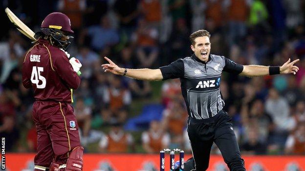 New Zealand's Tim Southee celebrates a wicket against West Indies