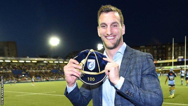 Former Wales captain Sam Warburton with a cap marking 100 Cardiff Blues appearances