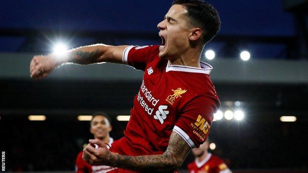 Philippe Coutinho celebrates scoring for Liverpool against Southampton