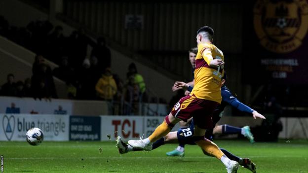 Conor Wilkinson celebrates scoring to make it 3-3 during a cinch Premiership match between Motherwell and Dundee at Fir Park,
