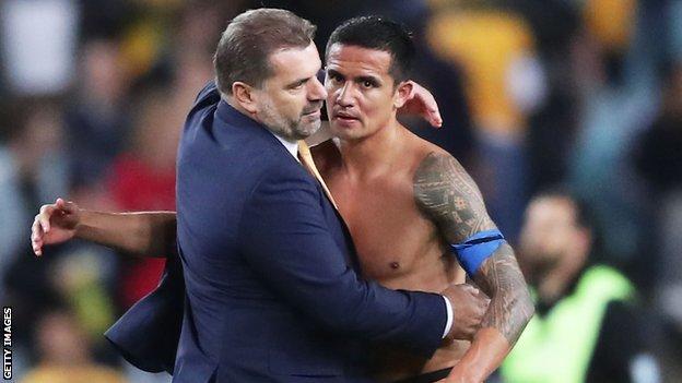 Ange Postecoglou with Australia captain Tim Cahill after qualifying for the 2018 World Cup