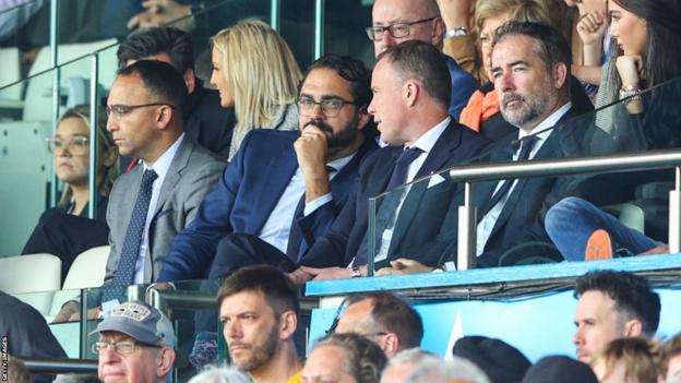 Leeds United vice chairman Paraag Marathe, director of football Victor Orta, CEO Angus Kinnear and executive director Paul Bell watch on during the Premier League match between Leeds United and Brighton & Hove Albion