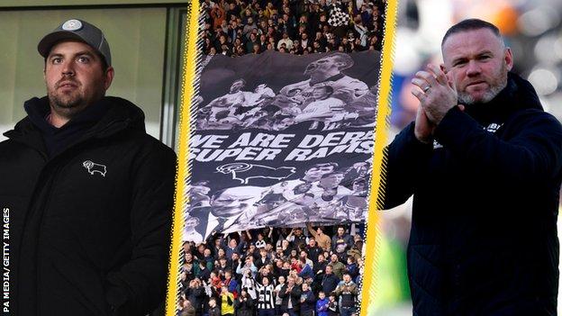 Image fractionnée de Chris Kirchner, des fans de Derby avec une bannière et de Wayne Rooney
