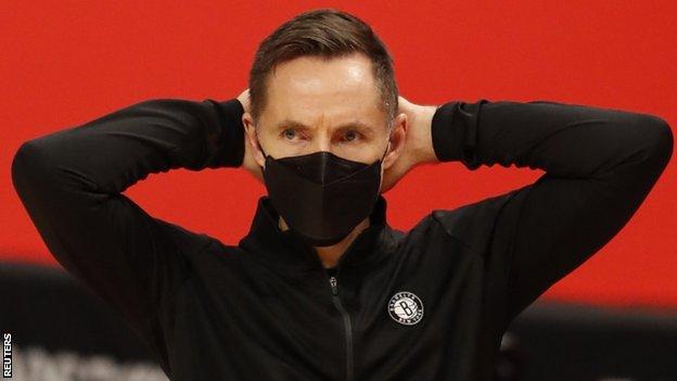 Brooklyn Nets head coach Steve Nash with his hands on his head during the fourth quarter of his team's loss to the Detroit Pistons on 9 February, 2021
