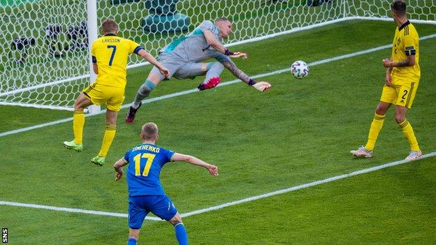Oleksandr Zinchenko scores for Ukraine against Sweden during Euro 2020