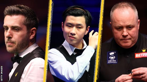 Close up pics of Mark Selby on the left Zhao Xintong in the middle and John Higgins on the right.