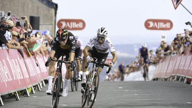 Wout van Aert won the last stage of the men's Tour of Britain to finish in Wales on Llandudno's Great Orme in September 2021