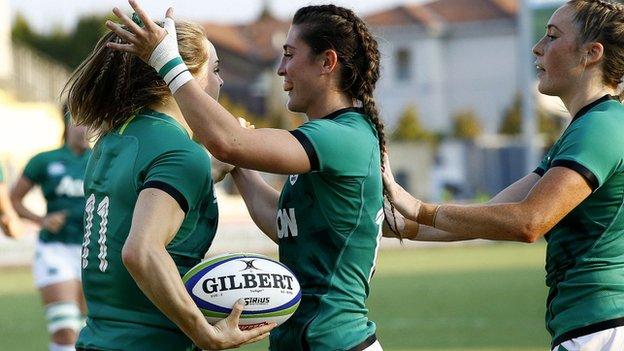 Beibhinn Parsons celebrates her try in Monday's opening qualifier in Parma