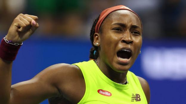 Coco Gauff celebrates during her US Open win over Elise Mertens