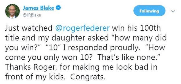 Former professional tennis player James Blake reacts to Federer's record