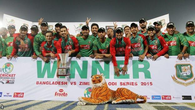 Bangladesh with the ODI series trophy