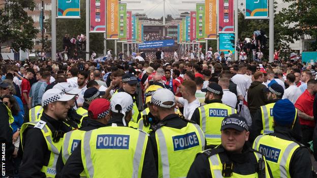 Police officers on duty outside Wembley before the Euro 2020 final between England and Italy