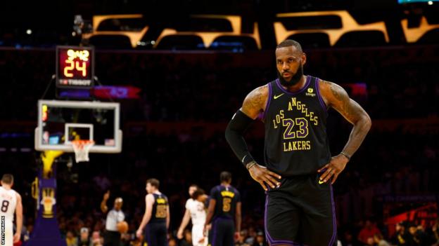 LeBron James reacts during the Los Angeles Lakers win over the Phoenix Suns in the NBA's inaugural In-Season Tournament quarter-finals.