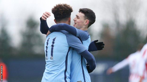 Sancho and Foden playing for Man City under-18s