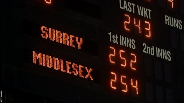 The scoreboard at the Kia Oval