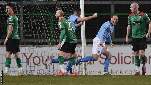 Ross Redman celebrates scoring in Ballymena's 2-0 win over Glentoran last month