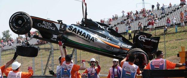 Sergio Perez crashed during the first practice session of the Hungarian Grand Prix
