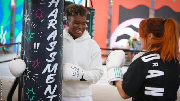 Nicola Adams' interactive boxing experience featured punchbags labelled with some of the hurdles women face in sport