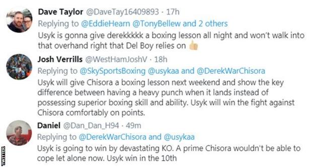 Boxing fans on Twitter predict Usyk v Chisora. One fan says Usyk will give Derek a boxing lesson, while another predicts a knockout victory for the Ukrainian