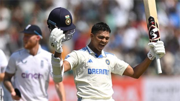 India's Yashasvi Jaiswal celebrate hitting a double century