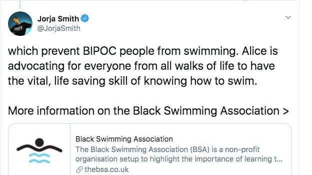 Jorja Smith gives information about the Black Swimming Association, which aims to teach more black people to swim