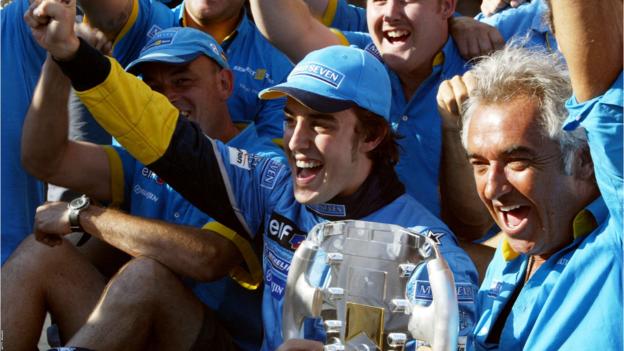 Fernando Alonso and the Renault team celebrate winning the 2003 Hungarian Grand Prix