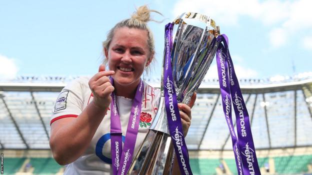Marlie Packer holds the Women's Six Nations trophy