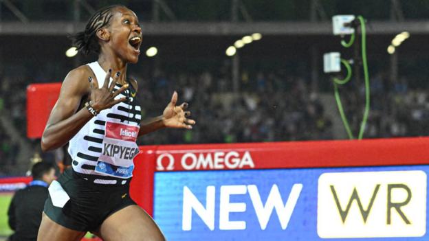 Faith Kipyegon celebrates setting the women's 1500m world record in June 2023