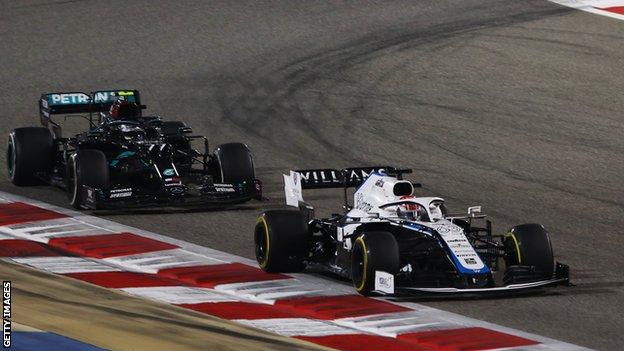 George Russell driving for Williams Racing leads Mercedes' Valtteri Bottas