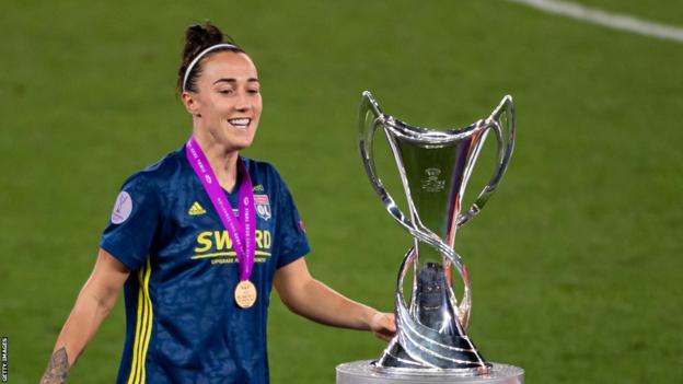 Lucy Bronze with the Women's Champions League trophy in 2020