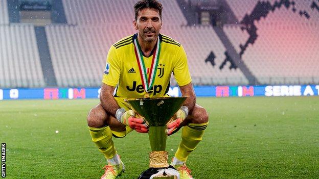 Gianluigi Buffon celebrates winning the 2019-20 Serie A title with Juventus