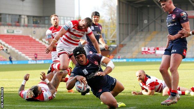 Sione Mata'utia scores St Helens' first try against Leigh Centurions
